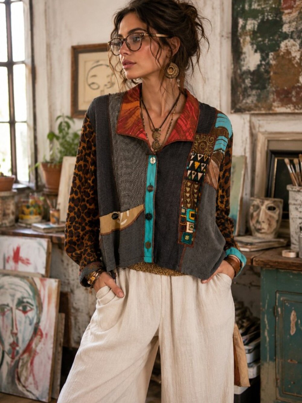 Surya Abstract Patchwork Button Up Jacket Boho Artistic Mixed Print Top Eclectic